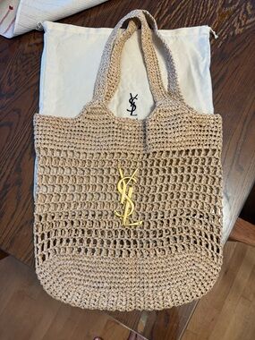 Icare Tan Crochet Tote with Gold Y S L Emblem beach bag NWOT